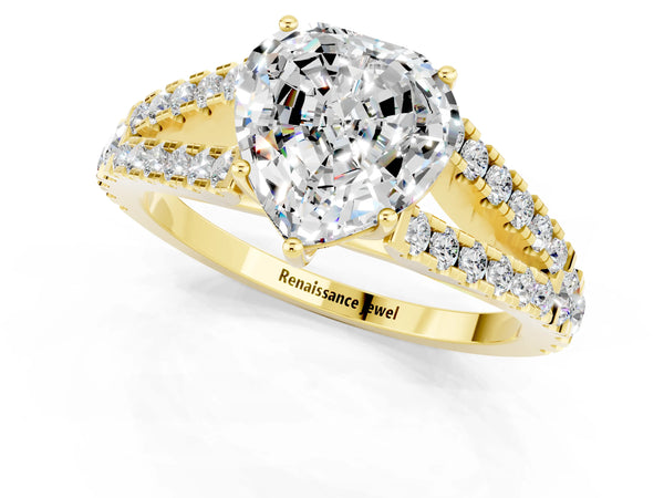 Yellow gold Heart Cut Moissanite Split Shank Engagement Ring with Round Pavé and Prong Setting