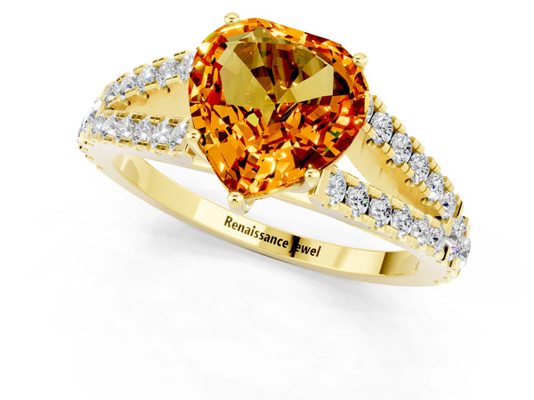 Yellow gold Heart Cut Citrine Split Shank Engagement Ring with Round Pavé and Prong Setting