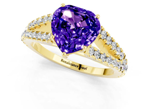 Yellow gold Heart Cut Tanzanite Split Shank Engagement Ring with Round Pavé and Prong Setting