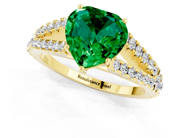 Yellow gold Heart Cut Emerald Split Shank Engagement Ring with Round Pavé and Prong Setting