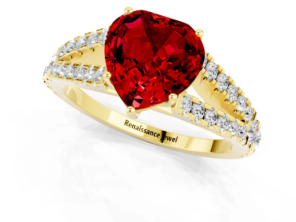 Yellow gold Heart Cut Ruby Split Shank Engagement Ring with Round Pavé and Prong Setting