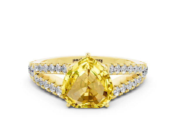 Yellow gold Heart Cut Yellow Sapphire Split Shank Engagement Ring with Round Pavé and Prong Setting