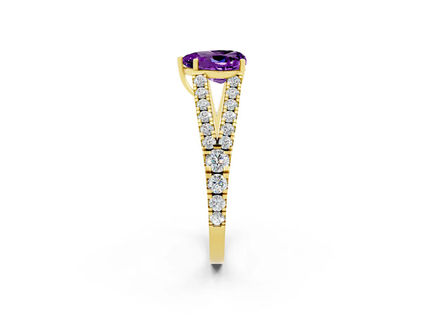 Yellow gold Heart Cut Amethyst Split Shank Engagement Ring with Round Pavé and Prong Setting