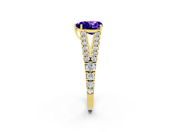 Yellow gold Heart Cut Tanzanite Split Shank Engagement Ring with Round Pavé and Prong Setting