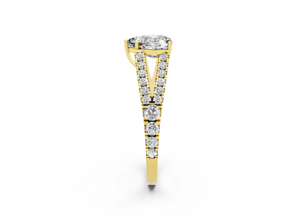 Yellow gold Heart Cut Moissanite Split Shank Engagement Ring with Round Pavé and Prong Setting