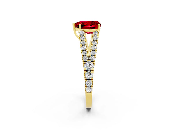 Yellow gold Heart Cut Ruby Split Shank Engagement Ring with Round Pavé and Prong Setting