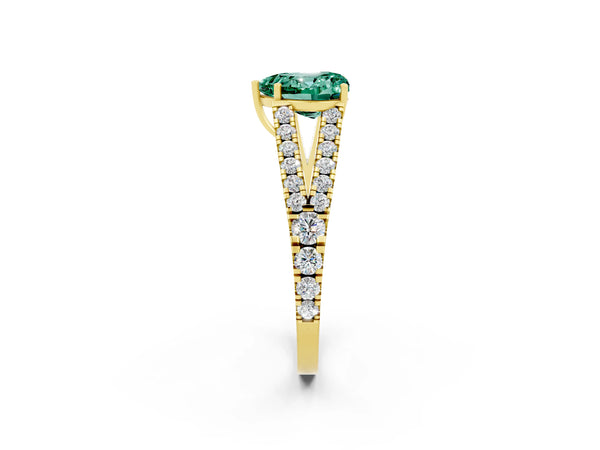 Yellow gold Heart Cut Green Sapphire Split Shank Engagement Ring with Round Pavé and Prong Setting