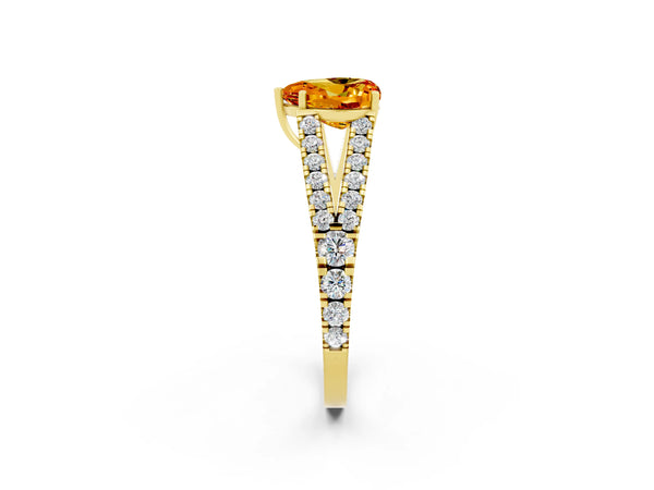 Yellow gold Heart Cut Citrine Split Shank Engagement Ring with Round Pavé and Prong Setting