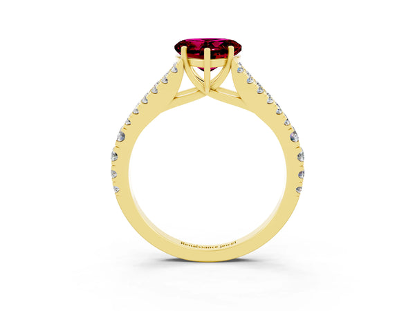 Yellow gold Heart Cut Garnet Split Shank Engagement Ring with Round Pavé and Prong Setting