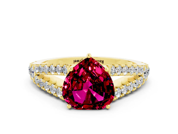 Yellow gold Heart Cut Garnet Split Shank Engagement Ring with Round Pavé and Prong Setting