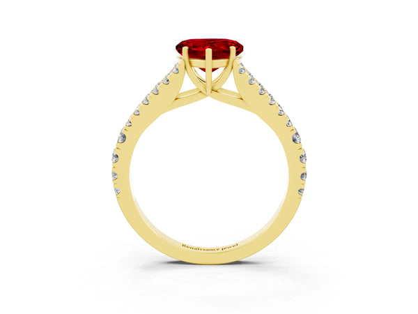 Yellow gold Heart Cut Ruby Split Shank Engagement Ring with Round Pavé and Prong Setting