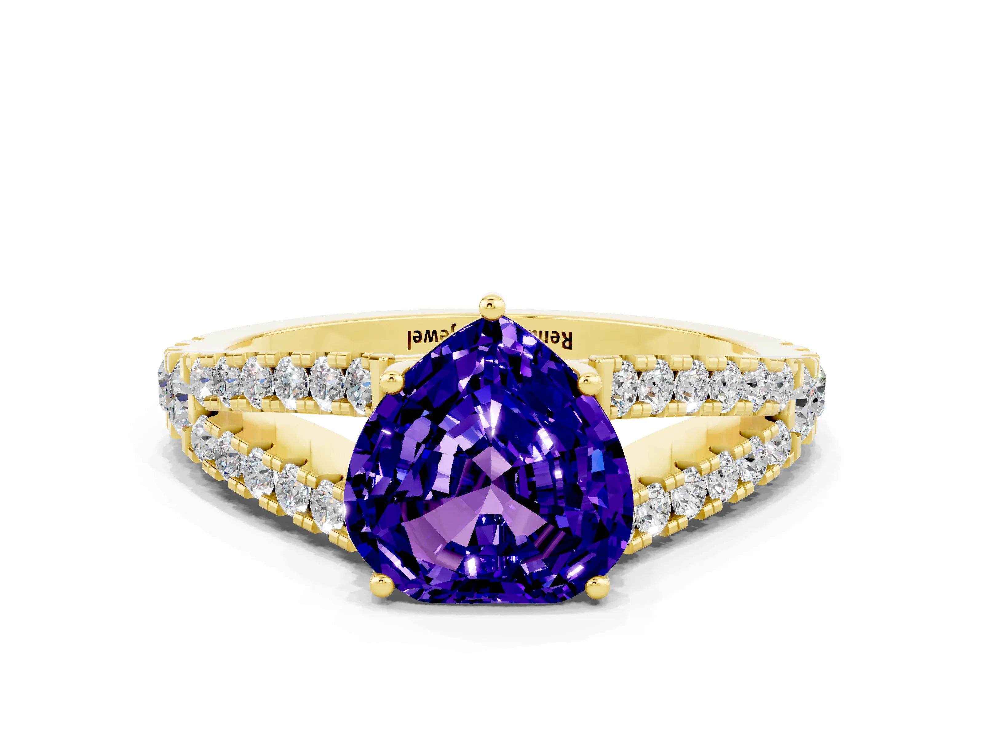 Yellow gold Heart Cut Cut Split Shank Pave Diamond Engagement Ring with Four-Prong Setting