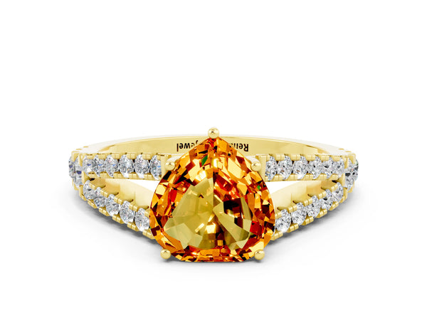 Yellow gold Heart Cut Citrine Split Shank Engagement Ring with Round Pavé and Prong Setting