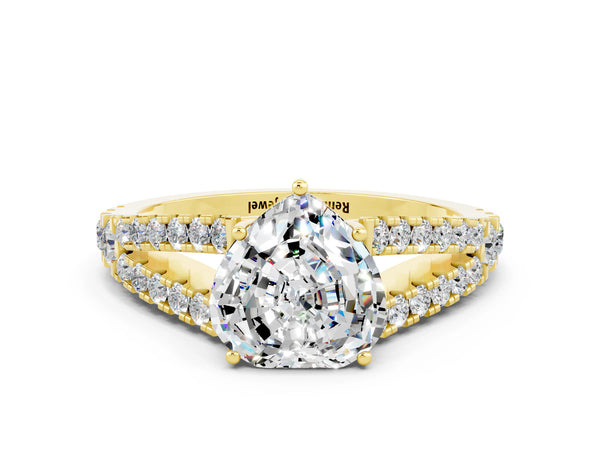 Yellow gold Heart Cut Moissanite Split Shank Engagement Ring with Round Pavé and Prong Setting