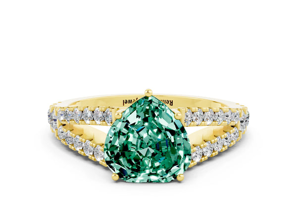 Yellow gold Heart Cut Green Sapphire Split Shank Engagement Ring with Round Pavé and Prong Setting