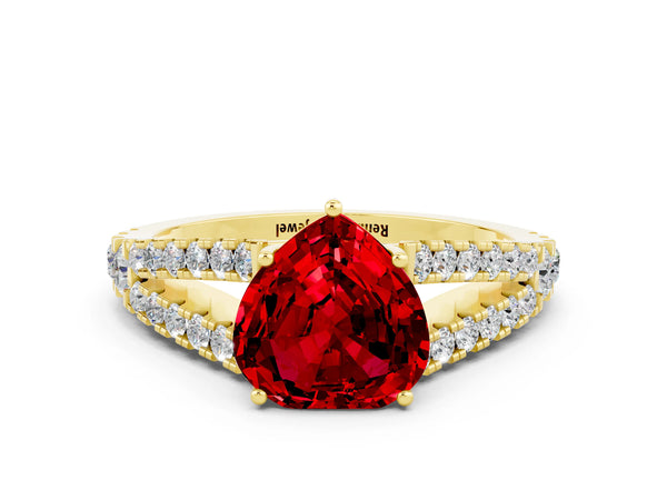 Yellow gold Heart Cut Ruby Split Shank Engagement Ring with Round Pavé and Prong Setting