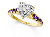 Yellow gold Heart Cut Diamond Cathedral Solitaire Ring with Round with Amethyst side stone Pavé Band_13