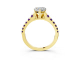 Yellow gold Heart Cut Diamond Cathedral Solitaire Ring with Round with Amethyst side stone Pavé Band_15
