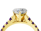 Yellow gold Heart Cut Diamond Cathedral Solitaire Ring with Round with Amethyst side stone Pavé Band_16