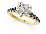 Yellow gold Heart Cut Diamond Cathedral Solitaire Ring with Round with Blue Sapphire side stone Pavé Band_13