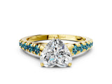 Yellow gold Heart Cut Diamond Cathedral Solitaire Ring with Round with Blue Topaz side stone Pavé Band