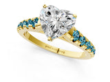 Yellow gold Heart Cut Diamond Cathedral Solitaire Ring with Round with Blue Topaz side stone Pavé Band_1