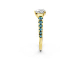 Yellow gold Heart Cut Diamond Cathedral Solitaire Ring with Round with Blue Topaz side stone Pavé Band_2