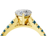 Yellow gold Heart Cut Diamond Cathedral Solitaire Ring with Round with Blue Topaz side stone Pavé Band_4