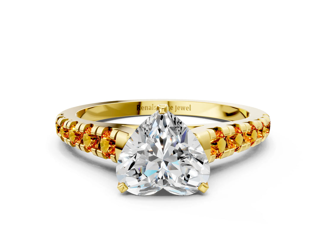 Yellow gold Heart Cut Diamond Cathedral Solitaire Ring with Round with Citrine side stone Pavé Band_24