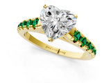 Yellow gold Heart Cut Diamond Cathedral Solitaire Ring with Round with Emerald side stone Pavé Band_1