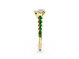 Yellow gold Heart Cut Diamond Cathedral Solitaire Ring with Round with Emerald side stone Pavé Band_2