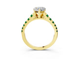Yellow gold Heart Cut Diamond Cathedral Solitaire Ring with Round with Emerald side stone Pavé Band_3