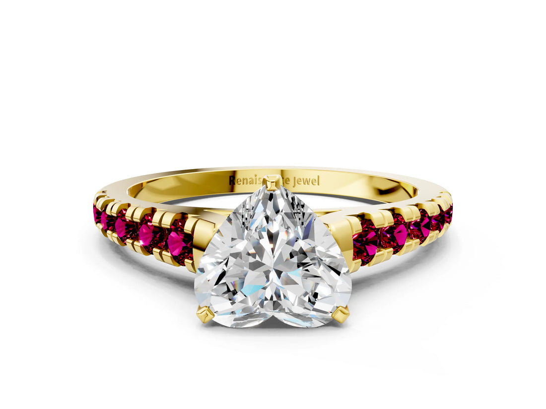 Yellow gold Heart Cut Diamond Cathedral Solitaire Ring with Round with Garnet side stone Pavé Band_12