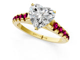 Yellow gold Heart Cut Diamond Cathedral Solitaire Ring with Round with Garnet side stone Pavé Band_13