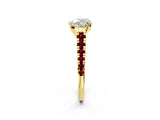 Yellow gold Heart Cut Diamond Cathedral Solitaire Ring with Round with Garnet side stone Pavé Band_14