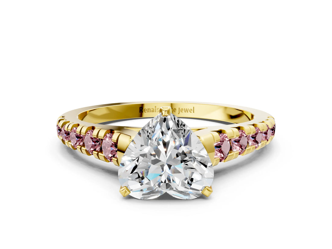 Yellow gold Heart Cut Diamond Cathedral Solitaire Ring with Round with Morganite side stone Pavé Band_12