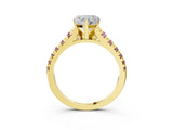 Yellow gold Heart Cut Diamond Cathedral Solitaire Ring with Round with Morganite side stone Pavé Band_15