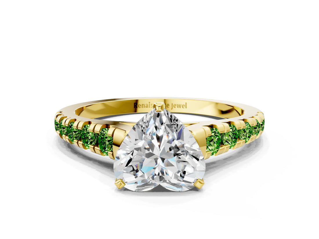 Yellow gold Heart Cut Diamond Cathedral Solitaire Ring with Round with Peridot side stone Pavé Band