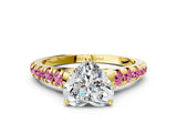 Yellow gold Heart Cut Diamond Cathedral Solitaire Ring with Round with Pink Sapphire side stone Pavé Band_12