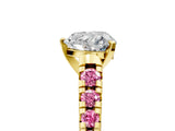 Yellow gold Heart Cut Diamond Cathedral Solitaire Ring with Round with Pink Sapphire side stone Pavé Band_17