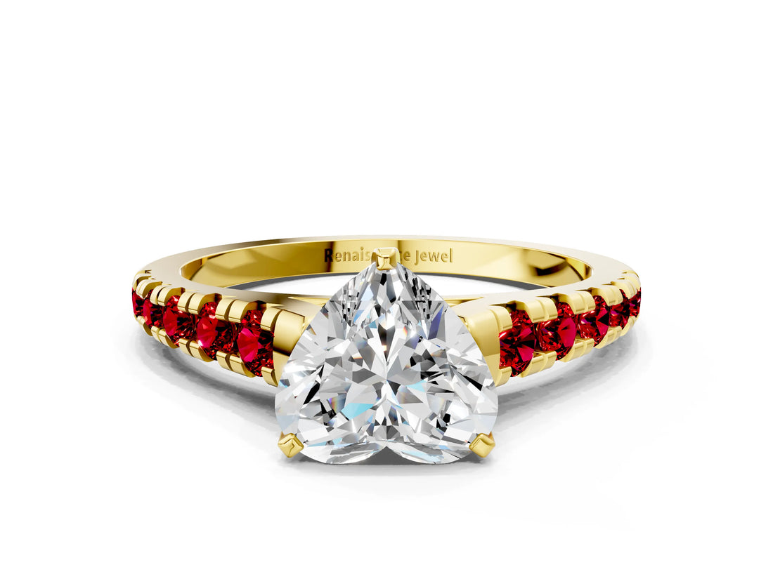 Yellow gold Heart Cut Diamond Cathedral Solitaire Ring with Round with Ruby side stone Pavé Band_24