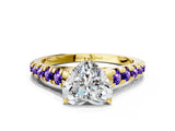 Yellow gold Heart Cut Diamond Cathedral Solitaire Ring with Round with Tanzanite side stone Pavé Band