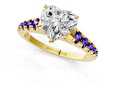 Yellow gold Heart Cut Diamond Cathedral Solitaire Ring with Round with Tanzanite side stone Pavé Band_1