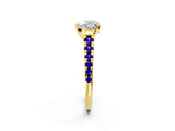 Yellow gold Heart Cut Diamond Cathedral Solitaire Ring with Round with Tanzanite side stone Pavé Band_2