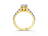 Yellow gold Heart Cut Diamond Cathedral Solitaire Ring with Round with Tanzanite side stone Pavé Band_3