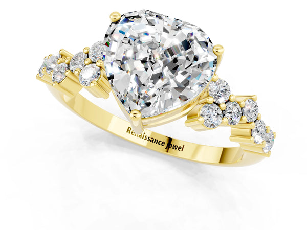 Yellow gold Heart Cut Moissanite Scattered Round Accent Ring with Prong Setting