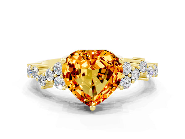 Yellow gold Heart Cut Citrine Scattered Round Accent Ring with Prong Setting
