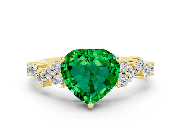 Yellow gold Heart Cut Emerald Scattered Round Accent Ring with Prong Setting