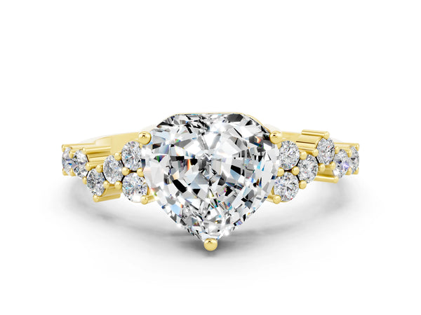 Yellow gold Heart Cut Moissanite Scattered Round Accent Ring with Prong Setting