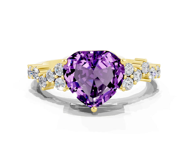 Yellow gold Heart Cut Amethyst Scattered Round Accent Ring with Prong Setting